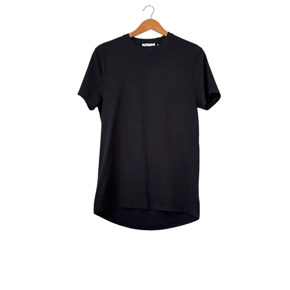 Zara T-Shirt Sz S Black Short Sleeve Long Length Curved Hem Classic Minimalist